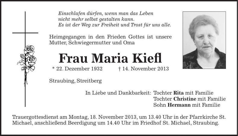 Traueranzeige Maria Kiefl