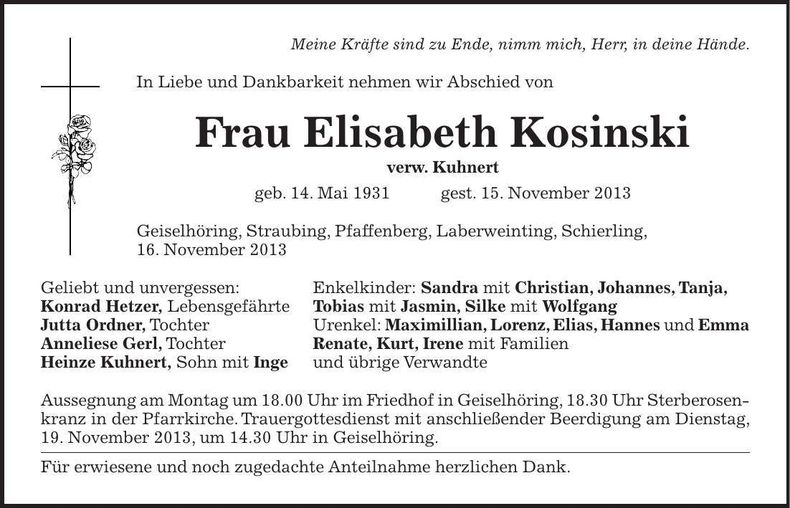 Traueranzeige Elisabeth Kosinski