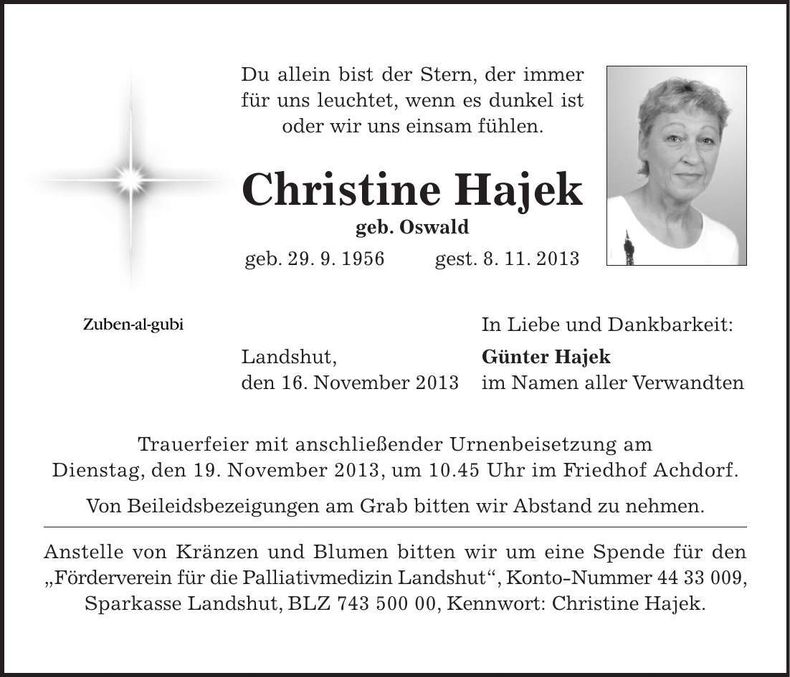 Traueranzeige Christine Hajek