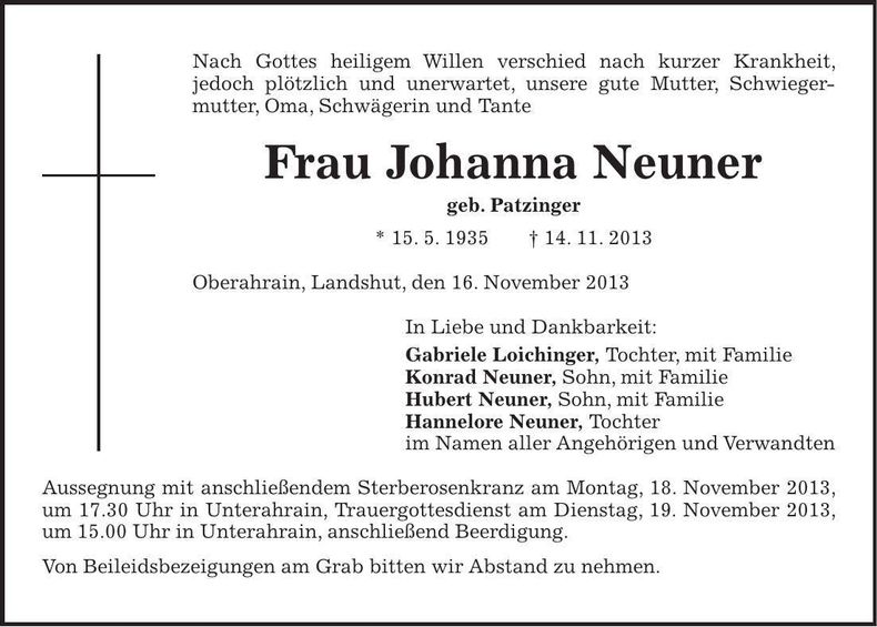 Traueranzeige Johanna Neuner