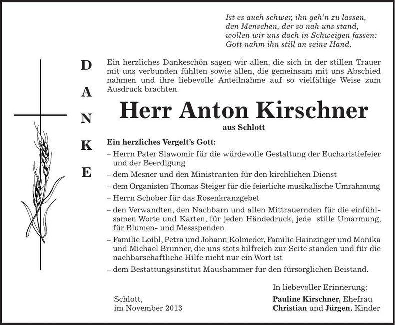 Traueranzeige Anton Kirschner