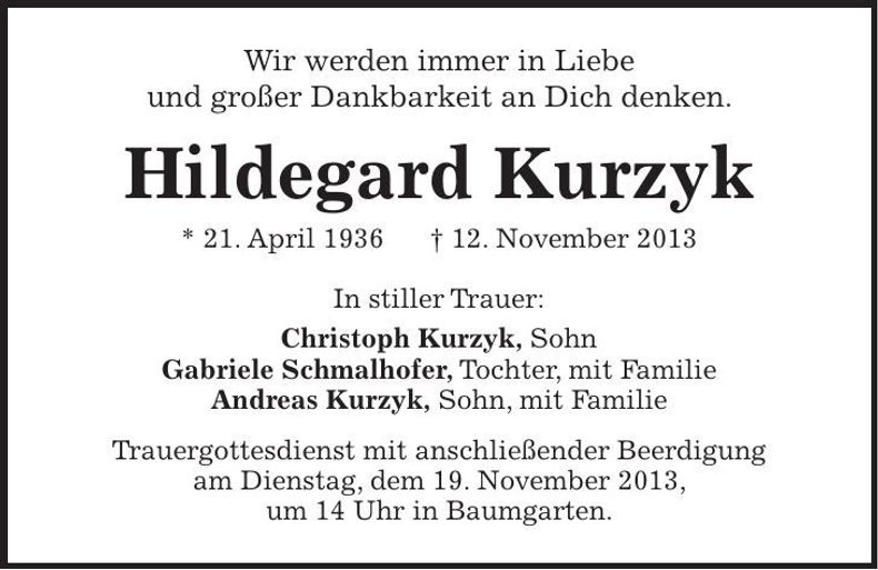 Traueranzeige Hildegard Kurzyk