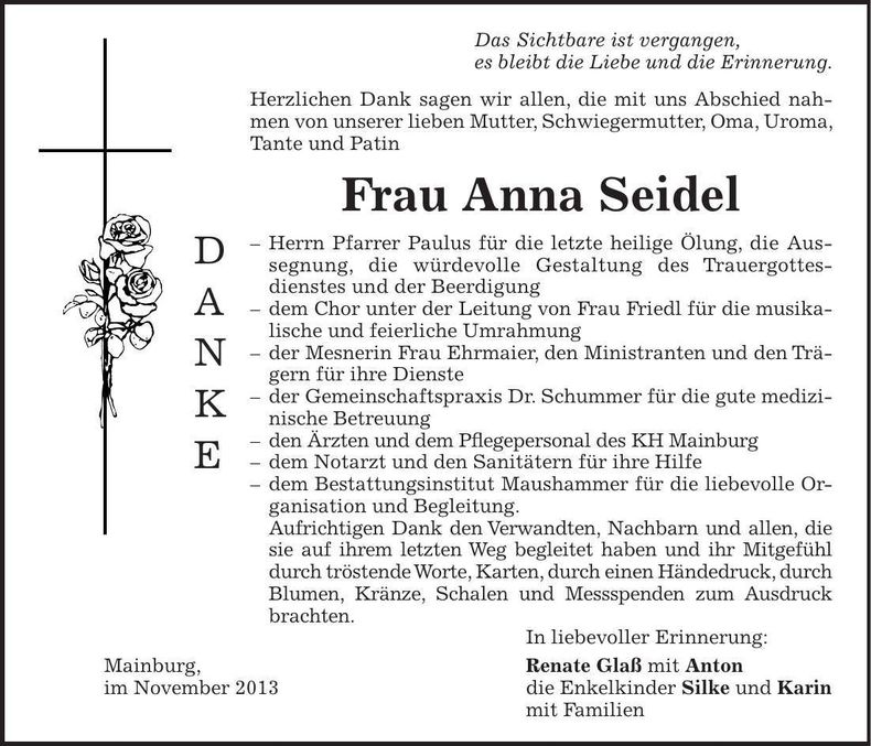 Traueranzeige Anna Seidel