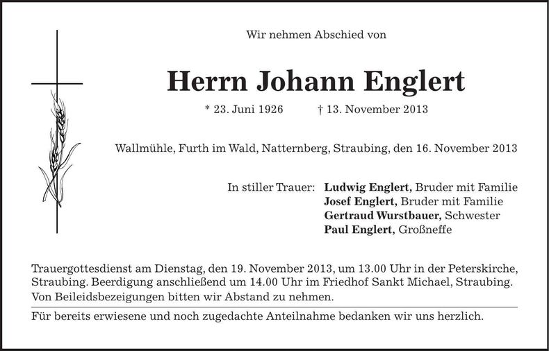 Traueranzeige Johann Englert