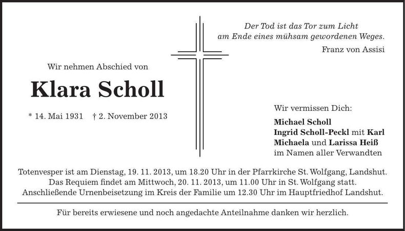 Traueranzeige Klara Scholl