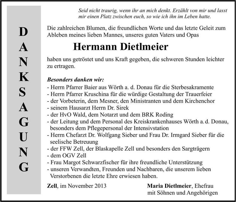 Traueranzeige Hermann Dietlmeier