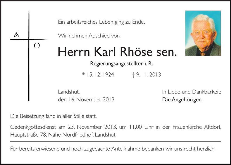 Traueranzeige Karl Rhöse sen.
