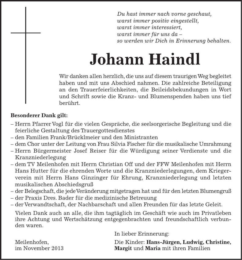 Traueranzeige Johann Haindl