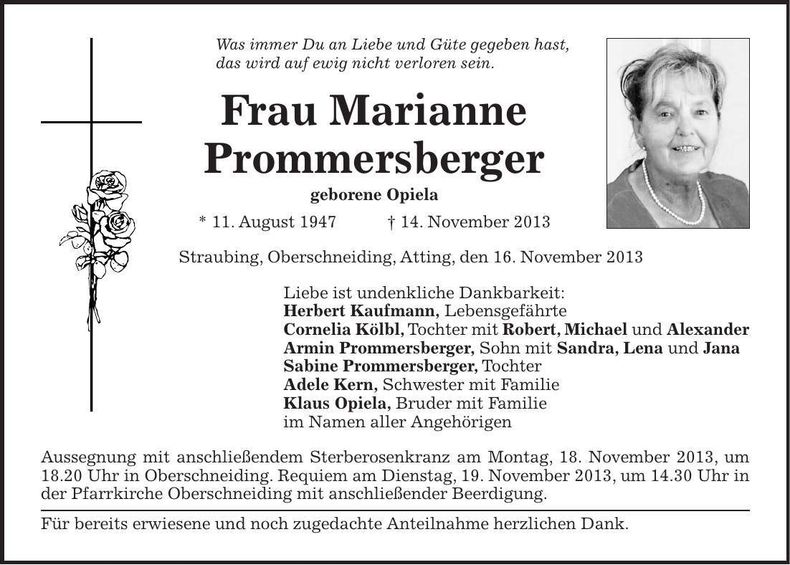 Traueranzeige Marianne Prommersberger