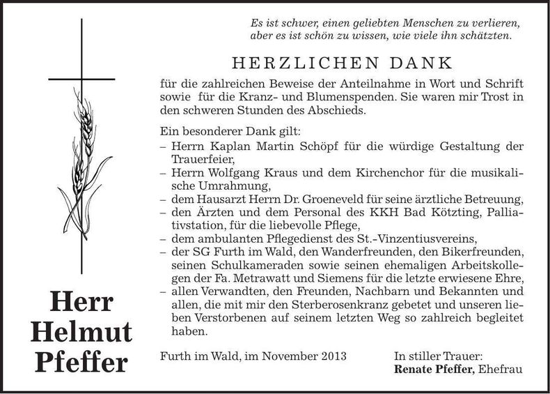 Traueranzeige Helmut Pfeffer