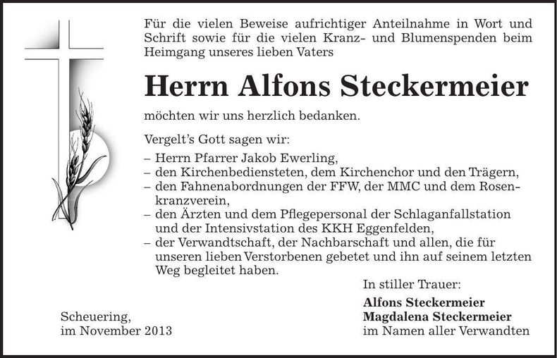 Traueranzeige Alfons Steckermeier