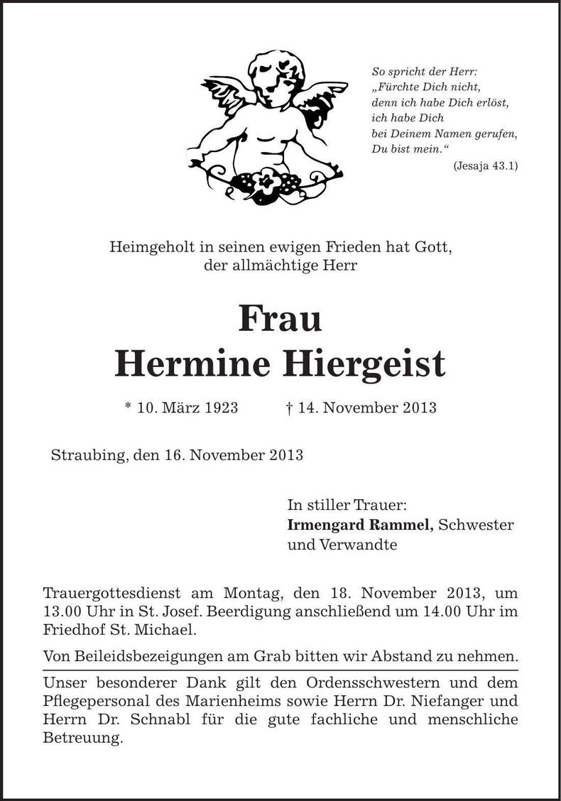 Traueranzeige Hermine Hiergeist