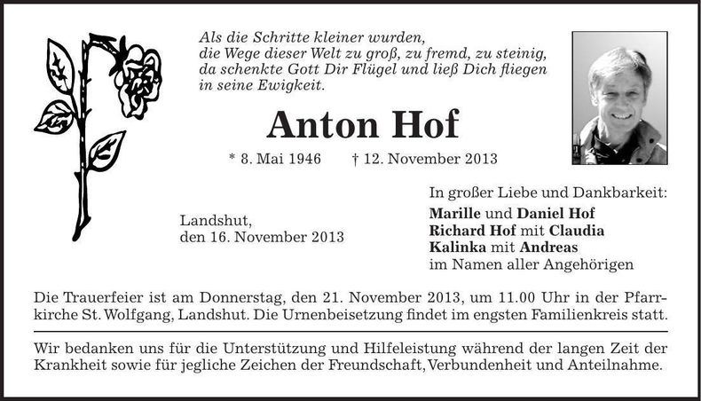 Traueranzeige Anton Hof