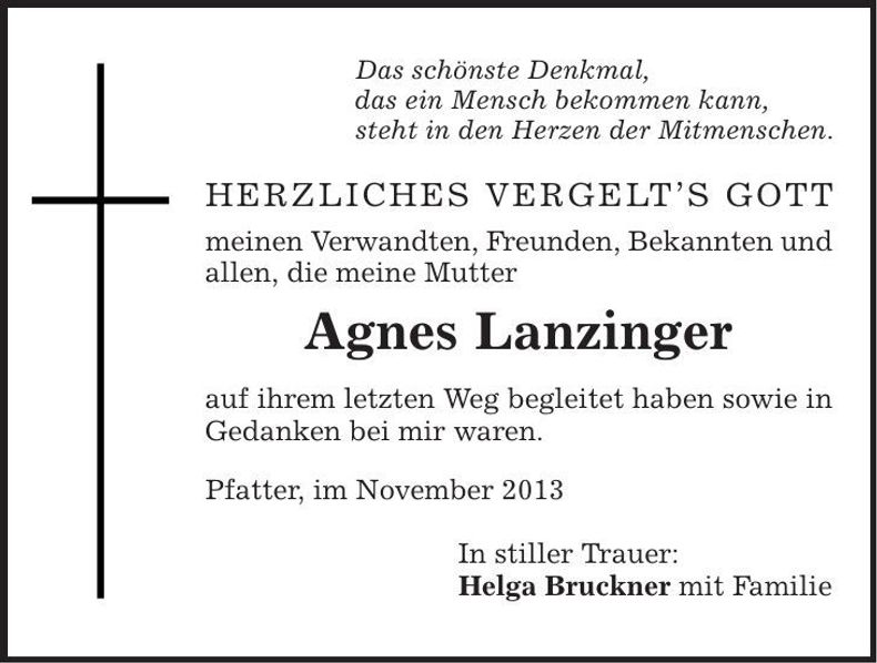 Traueranzeige Agnes Lanzinger