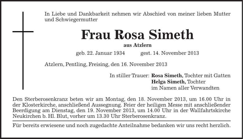 Traueranzeige Rosa Simeth