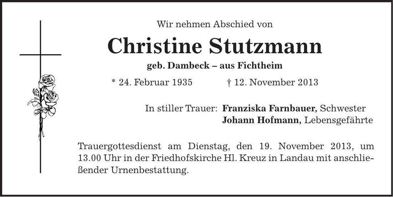 Traueranzeige Christine Stutzmann