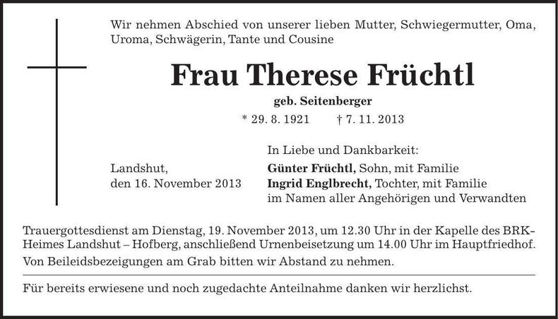 Traueranzeige Therese Früchtl