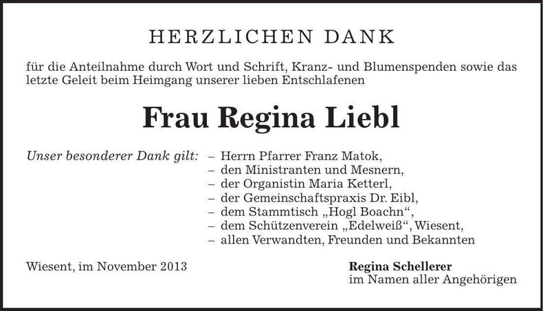 Traueranzeige Regina Liebl
