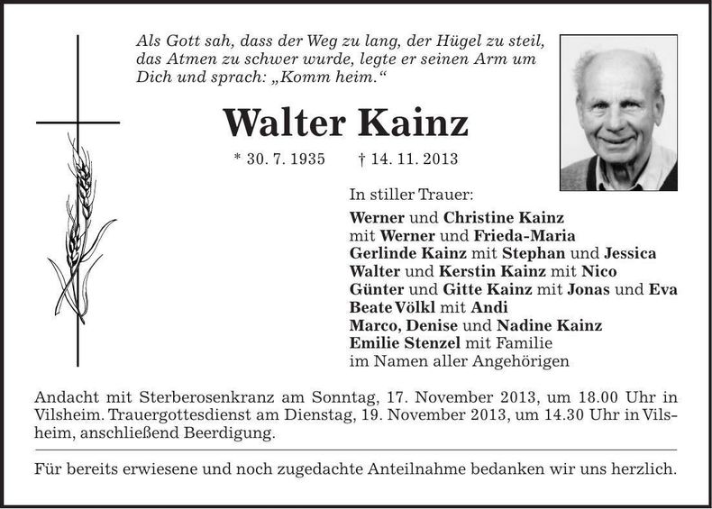 Traueranzeige Walter Kainz