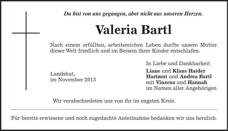 Traueranzeige Valeria Bartl