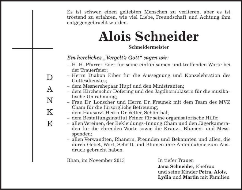 Traueranzeige Alois Schneider