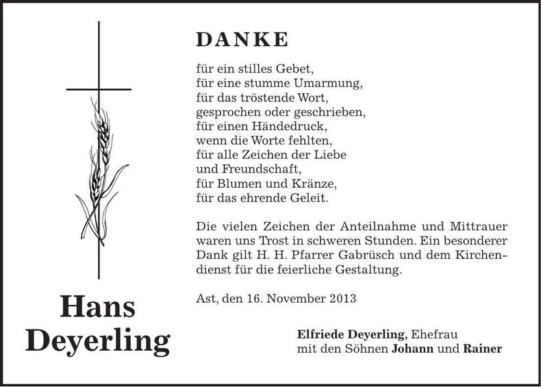 Traueranzeige Hans Deyerling