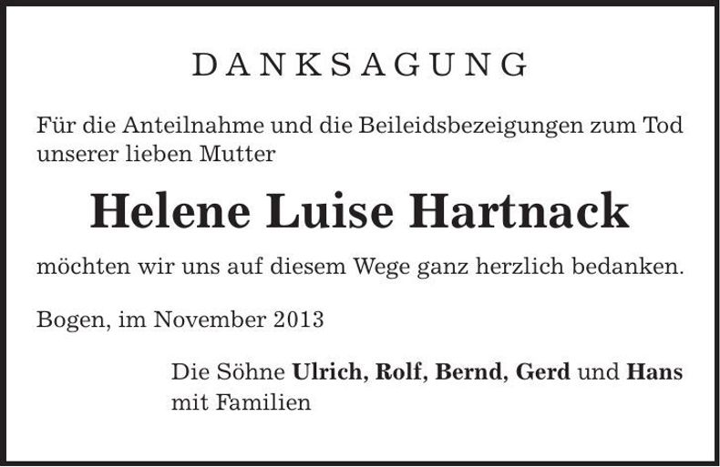 Traueranzeige Helene Hartnack