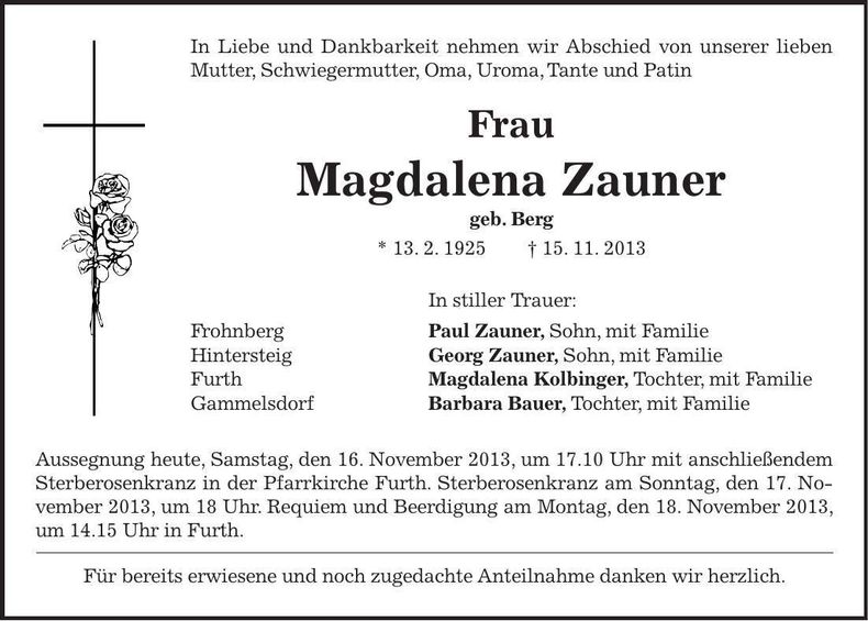 Traueranzeige Magdalena Zauner