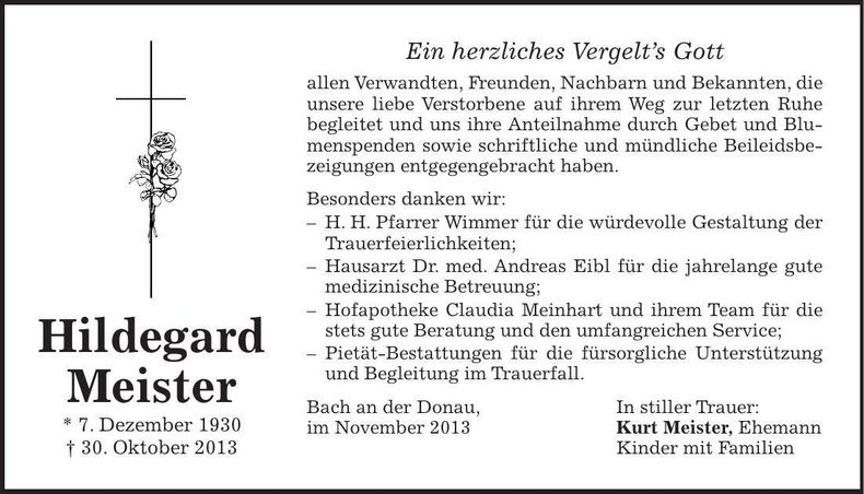 Traueranzeige Hildegard Meister
