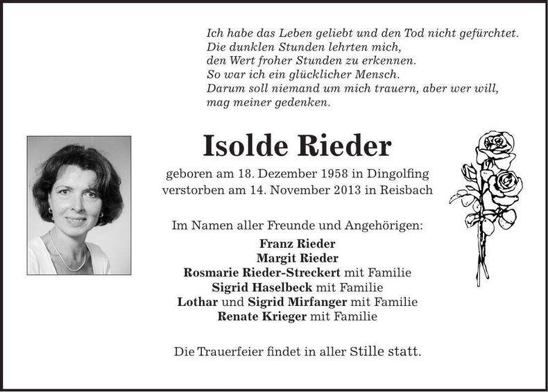 Traueranzeige Isolde Rieder