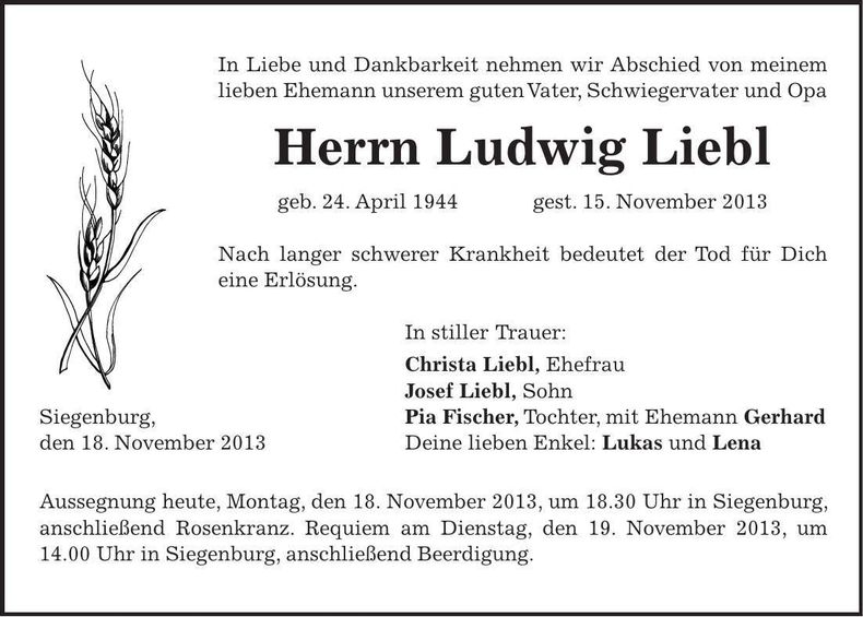 Traueranzeige Ludwig Liebl