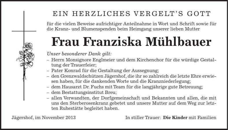 Traueranzeige Franziska Mühlbauer