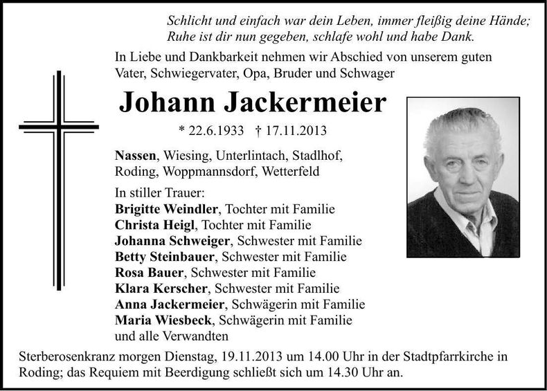 Traueranzeige Johann Jackermeier