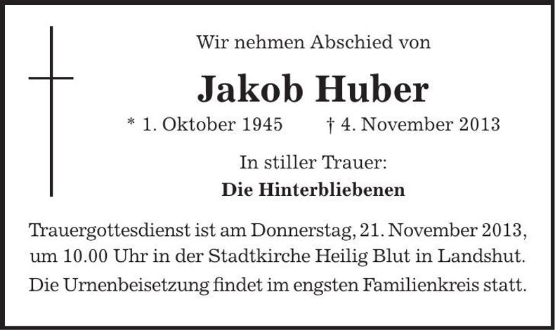 Traueranzeige Jakob Huber