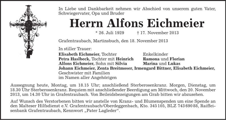 Traueranzeige Alfons Eichmeier