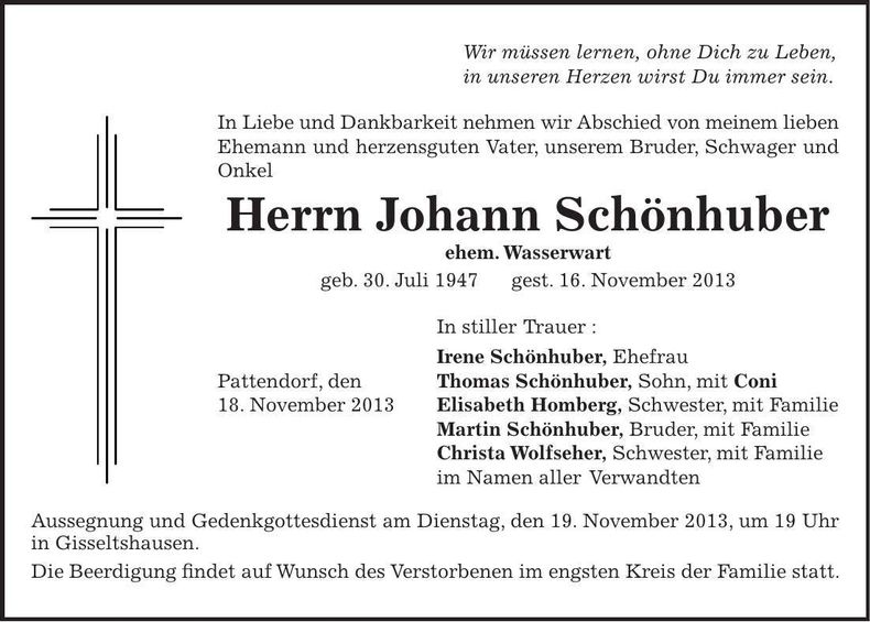 Traueranzeige Johann Schönhuber