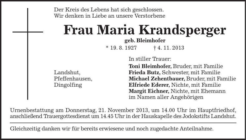 Traueranzeige Maria Krandsperger