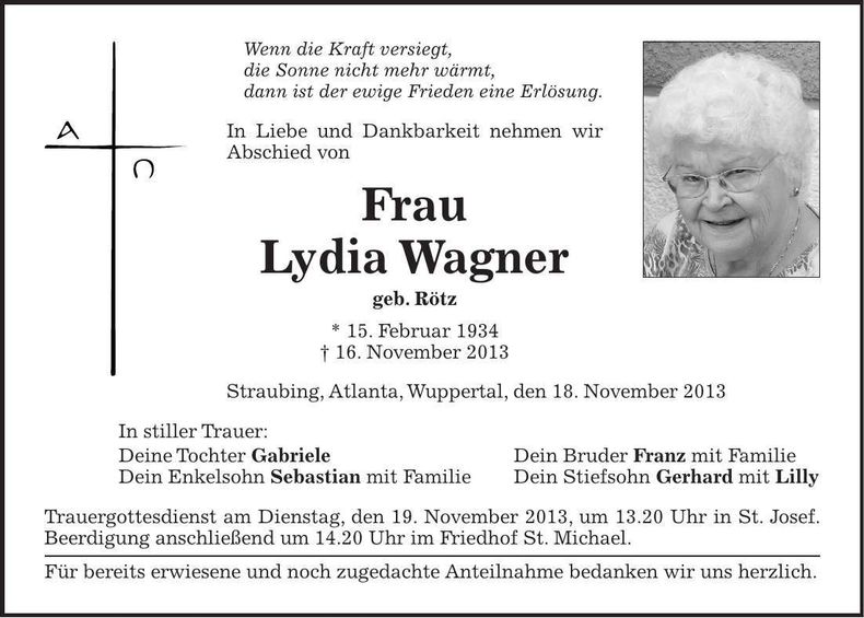 Traueranzeige Lydia Wagner