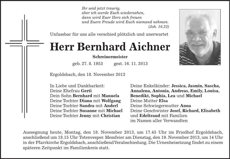 Traueranzeige Bernhard Aichner