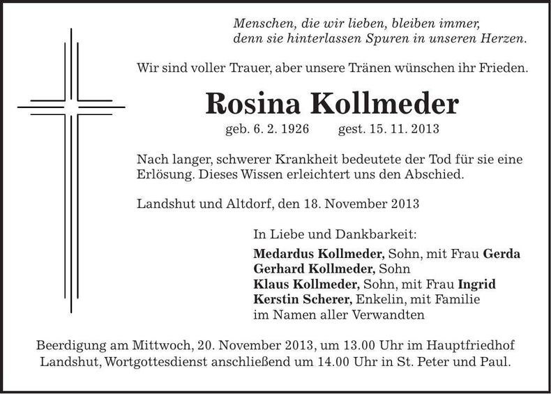 Traueranzeige Rosina Kollmeder