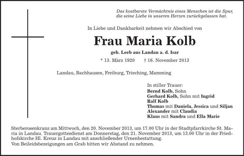 Traueranzeige Maria Kolb