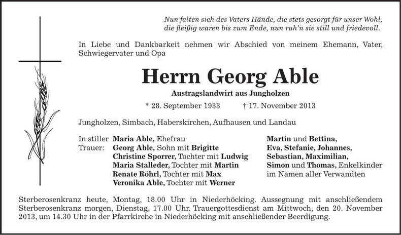 Traueranzeige Georg Able