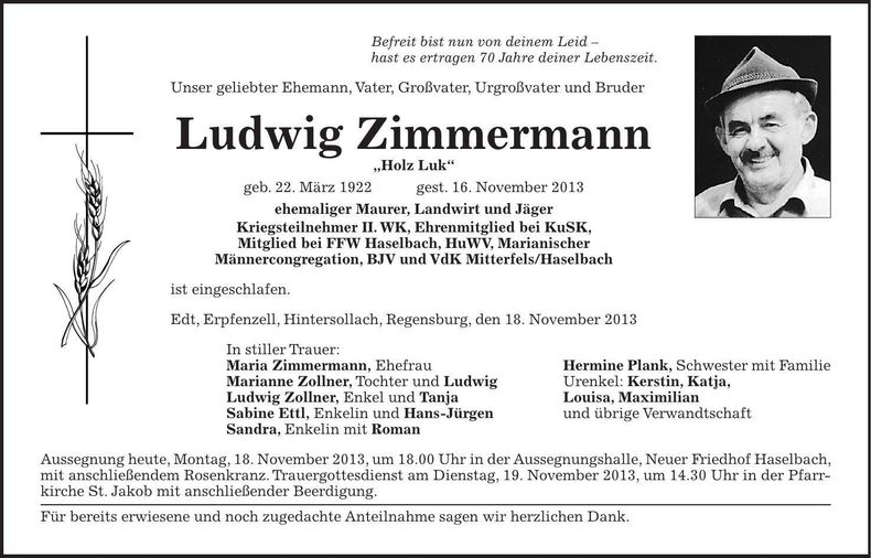 Traueranzeige Ludwig Zimmermann