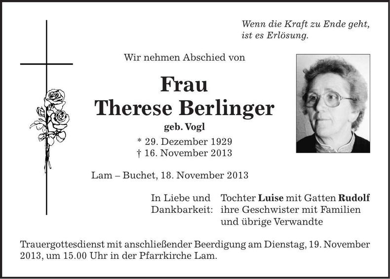 Traueranzeige Therese Berlinger
