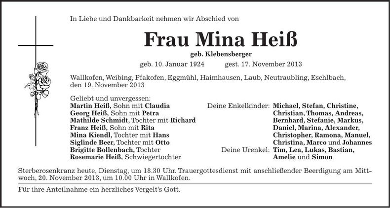 Traueranzeige Mina Heiß