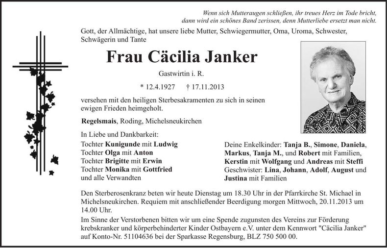 Traueranzeige Cäcilia Janker