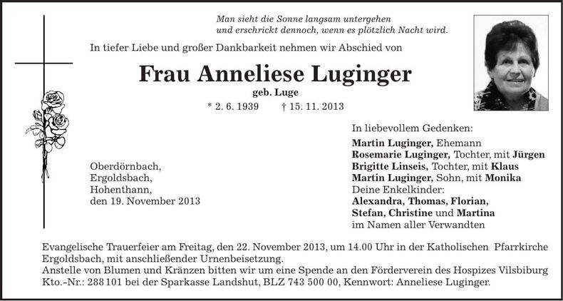 Traueranzeige Anneliese Luginger