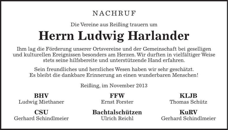Traueranzeige Ludwig Harlander