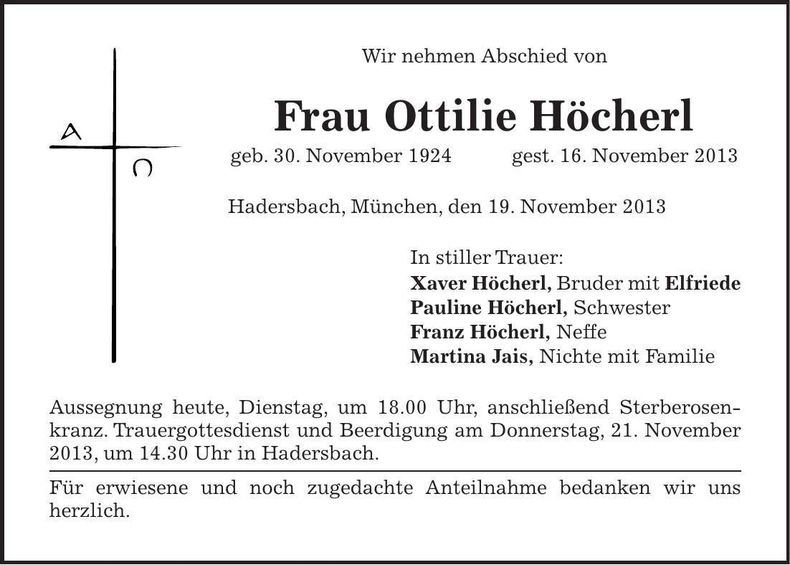 Traueranzeige Ottolie Höcherl