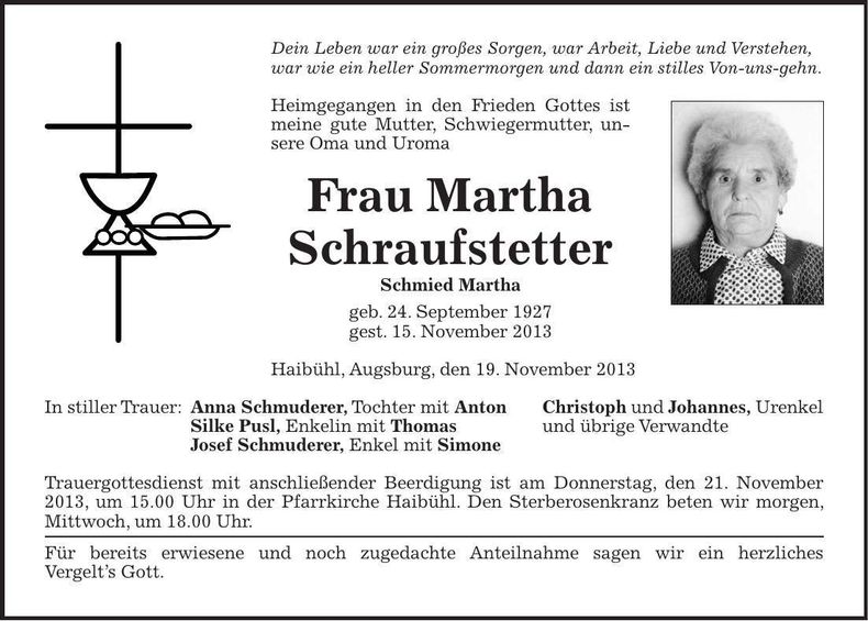 Traueranzeige Martha Schraufstetter